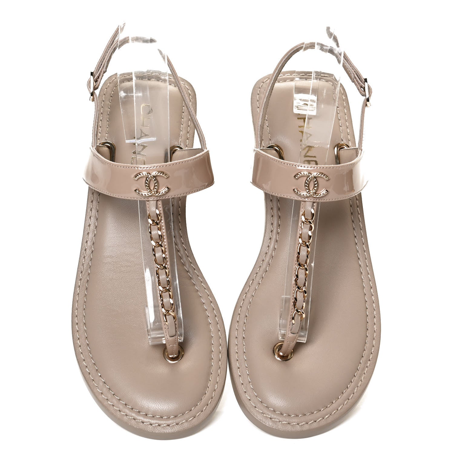 Chanel Lambskin Patent Chain CC Logo Thong Sandals 38 Beige 5 of 10