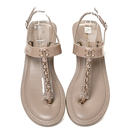 Chanel Lambskin Patent Chain CC Logo Thong Sandals 38 Beige 5 of 10