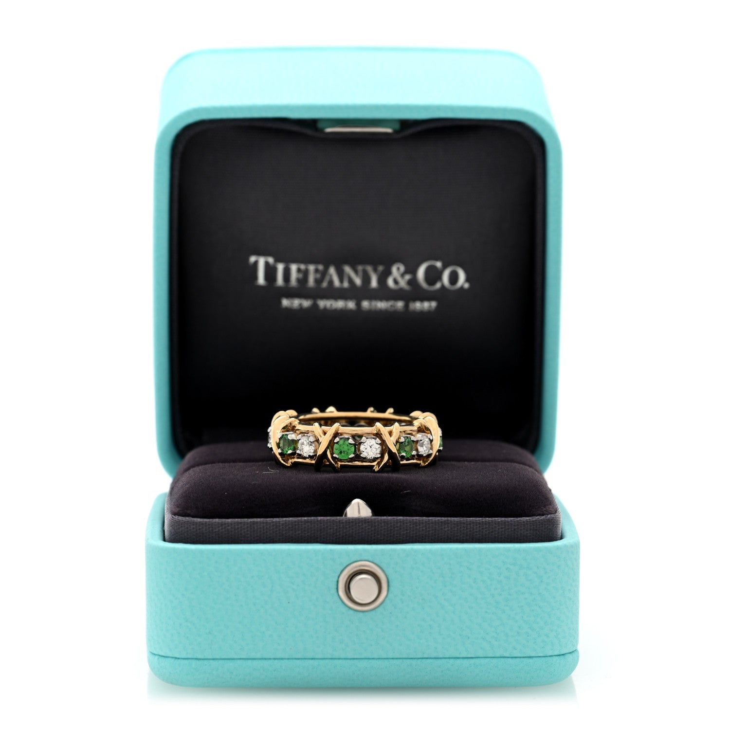 Tiffany 18K Yellow Gold Platinum Diamond Tsavorite Schlumberger Sixteen Stone Ring 55 7.25 6 of 6