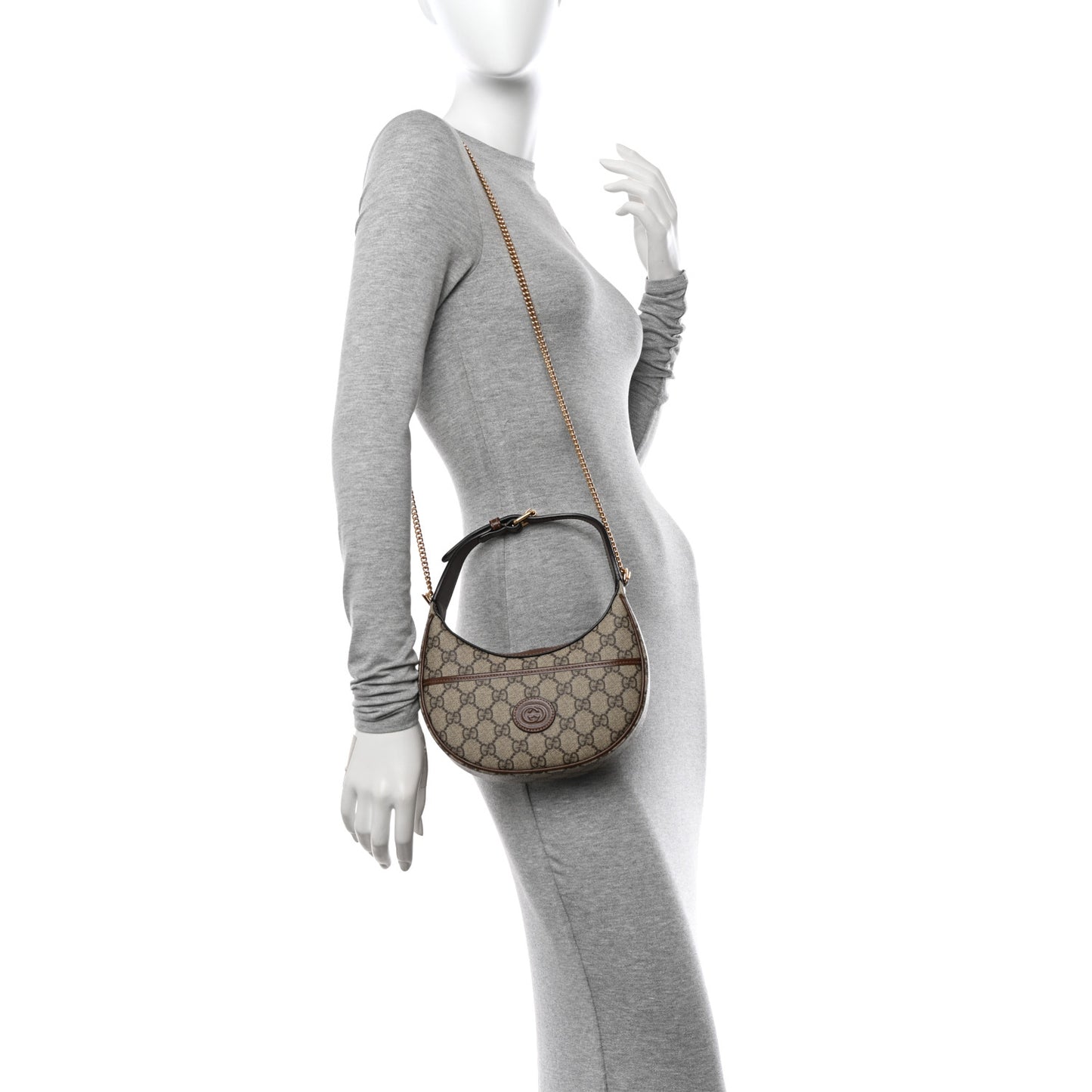 GG Supreme Monogram Azalea Calfskin Mini Retro Interlocking G Half Moon Bag Beige Ebony Brown Sugar