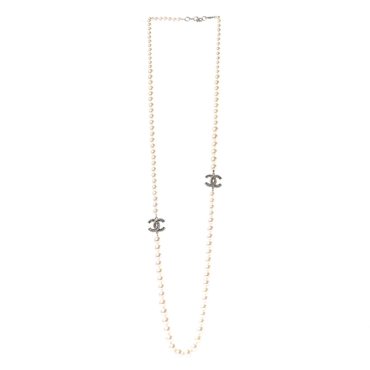 Pearl Baguette Crystal Long CC Necklace Gold