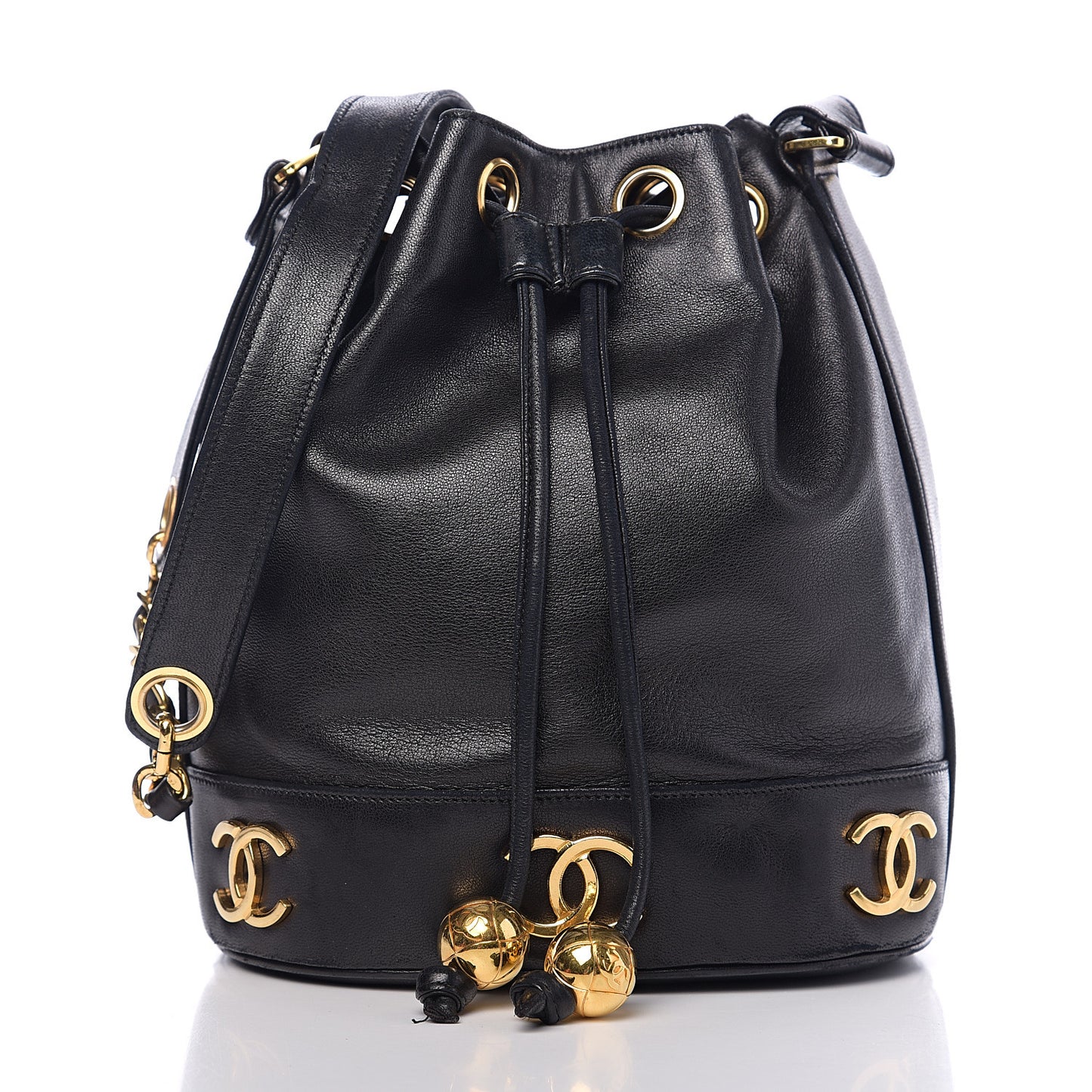 Lambskin CC Drawstring Shoulder Bag Black
