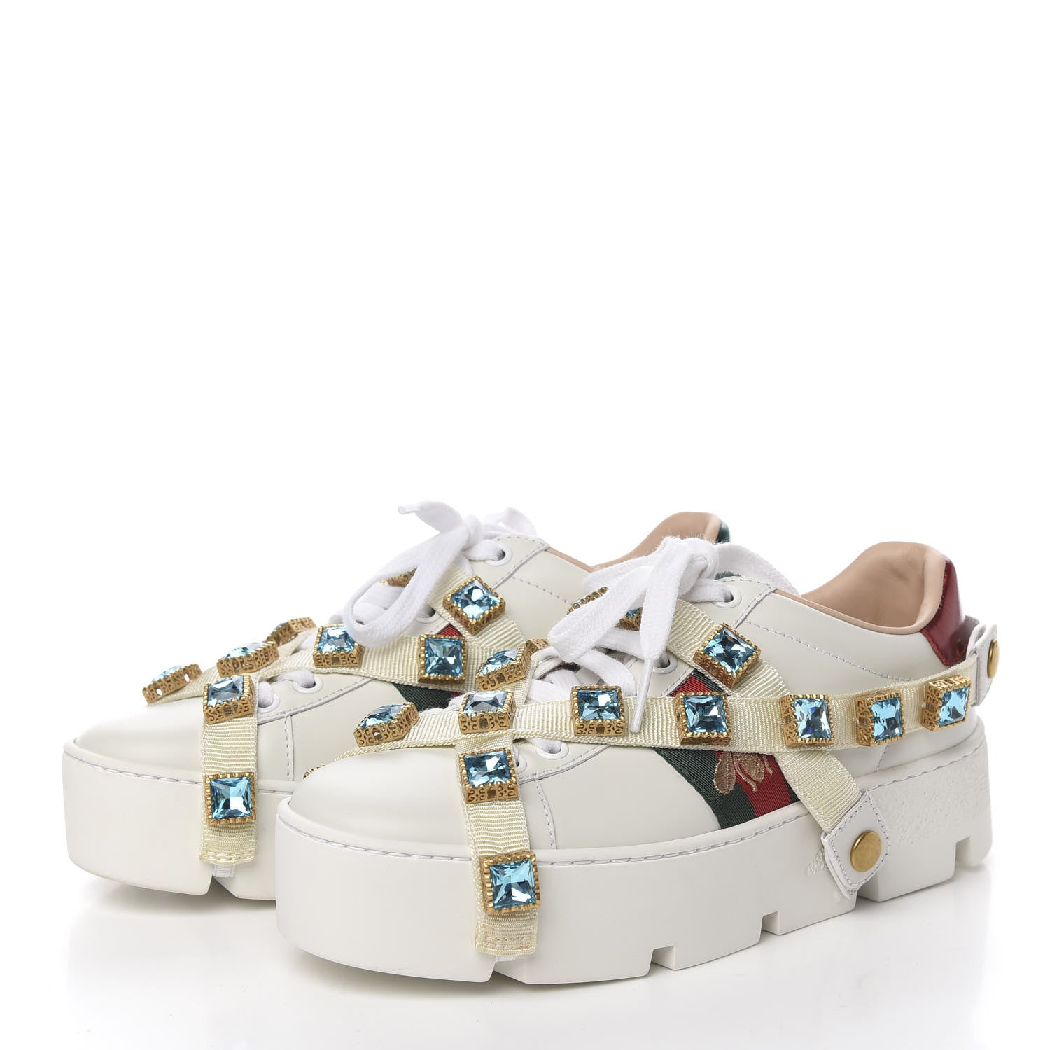 Gucci Calfskin Removable Crystals Bee Embroidered Womens Ace Platform Sneakers 35 White 3 of 11
