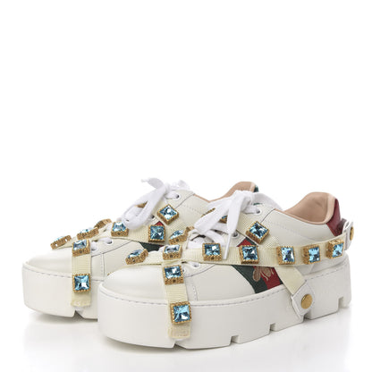 Gucci Calfskin Removable Crystals Bee Embroidered Womens Ace Platform Sneakers 35 White 3 of 11