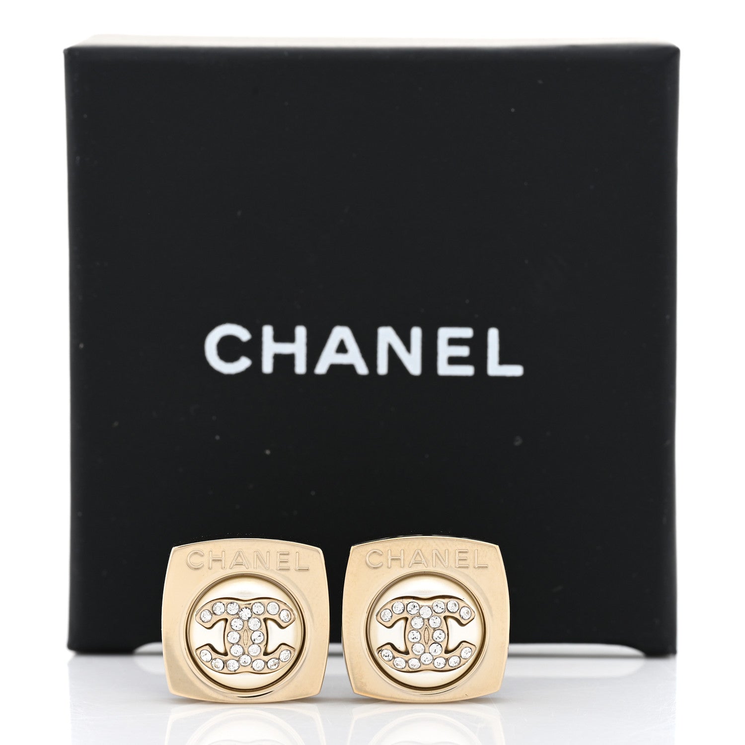 Chanel Metal Pearl Crystal CC Logo Square Earrings Gold Pearly White 5 of 5
