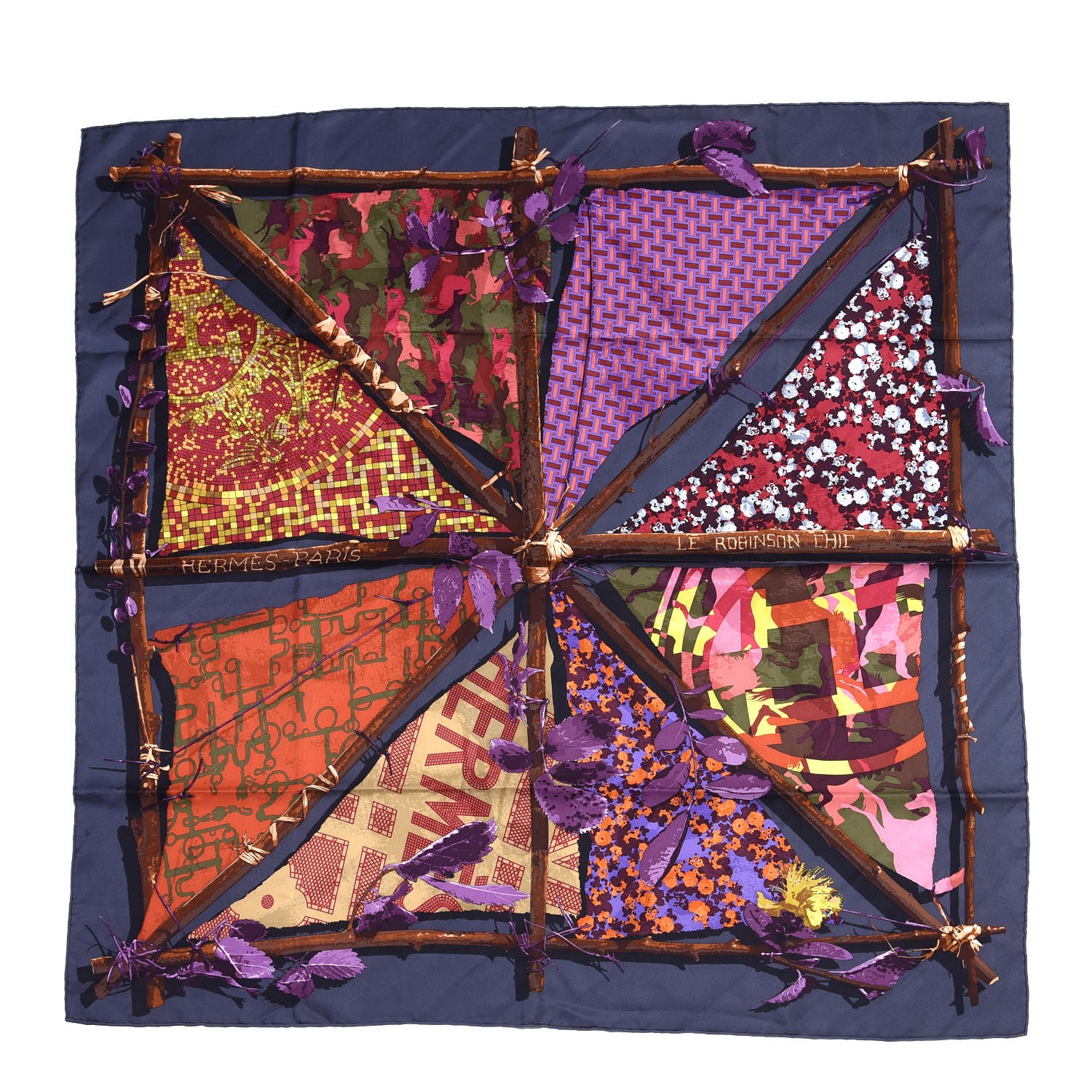 Hermes Silk Le Robinson Chic Scarf 90 Anthracite Prune Vert 1 of 4
