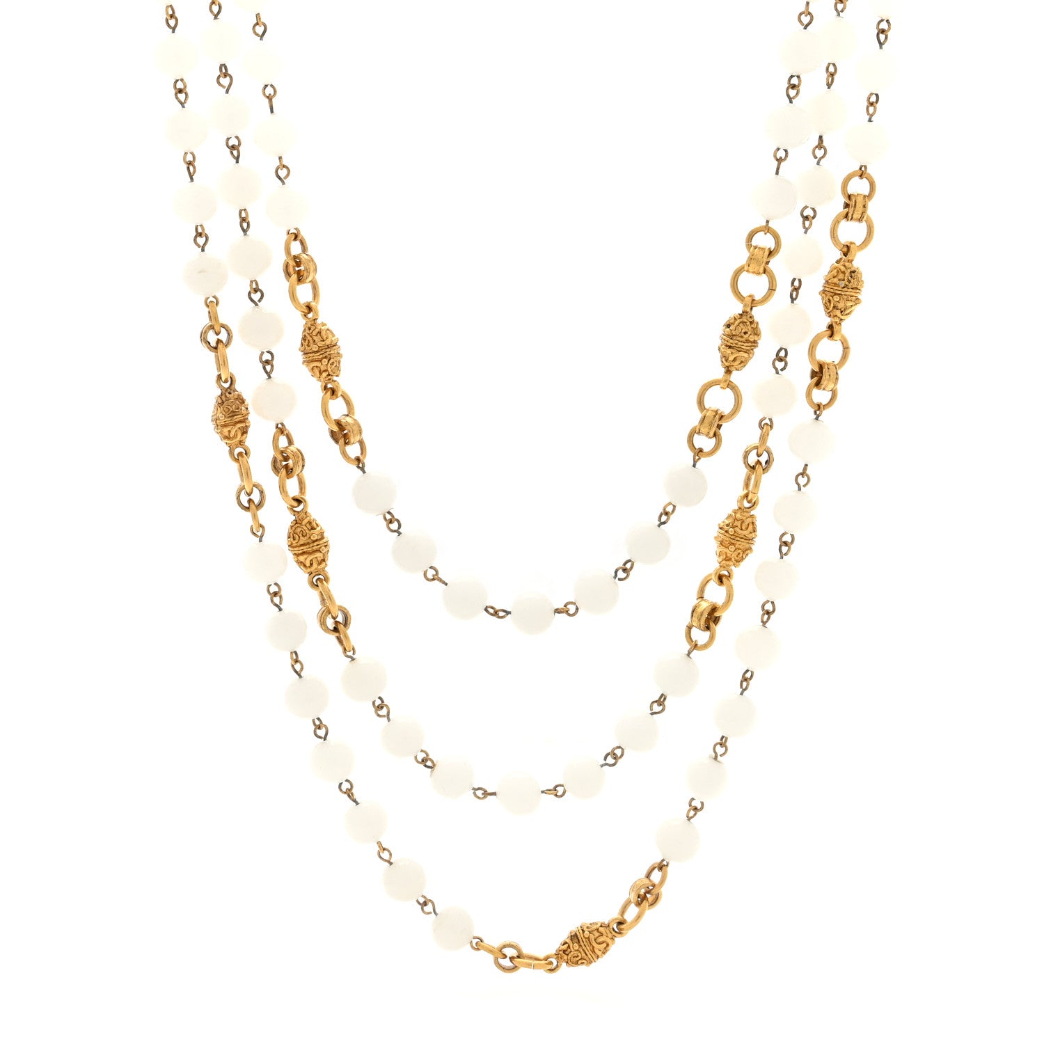 Chanel Marble Bead CC Long Necklace Gold White 1 of 4