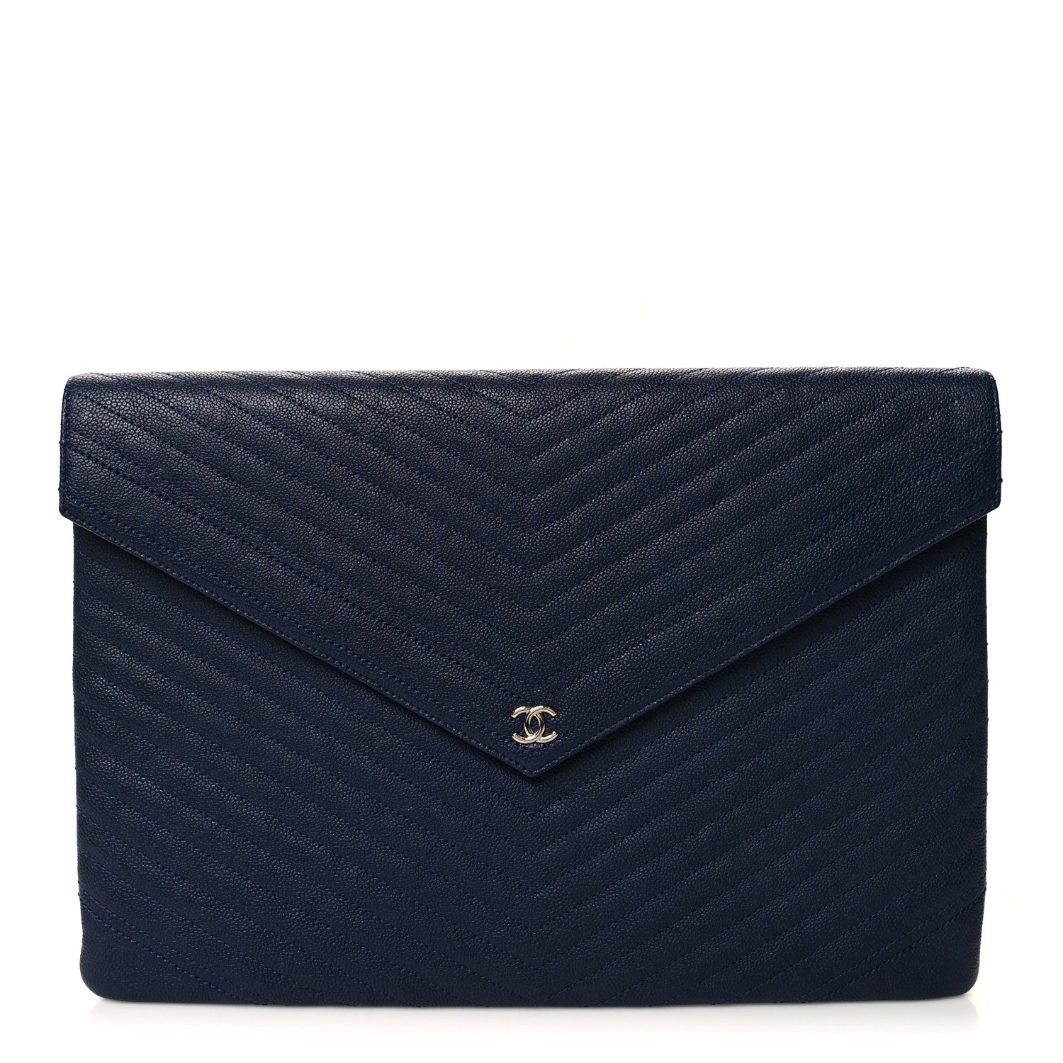 Chanel Caviar Chevron Quilted Large Statement Pouch Navy 1 of 10
