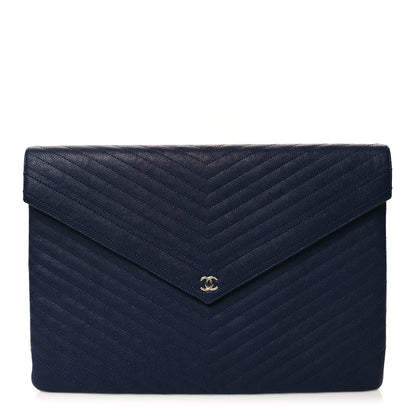Chanel Caviar Chevron Quilted Large Statement Pouch Navy 1 of 10