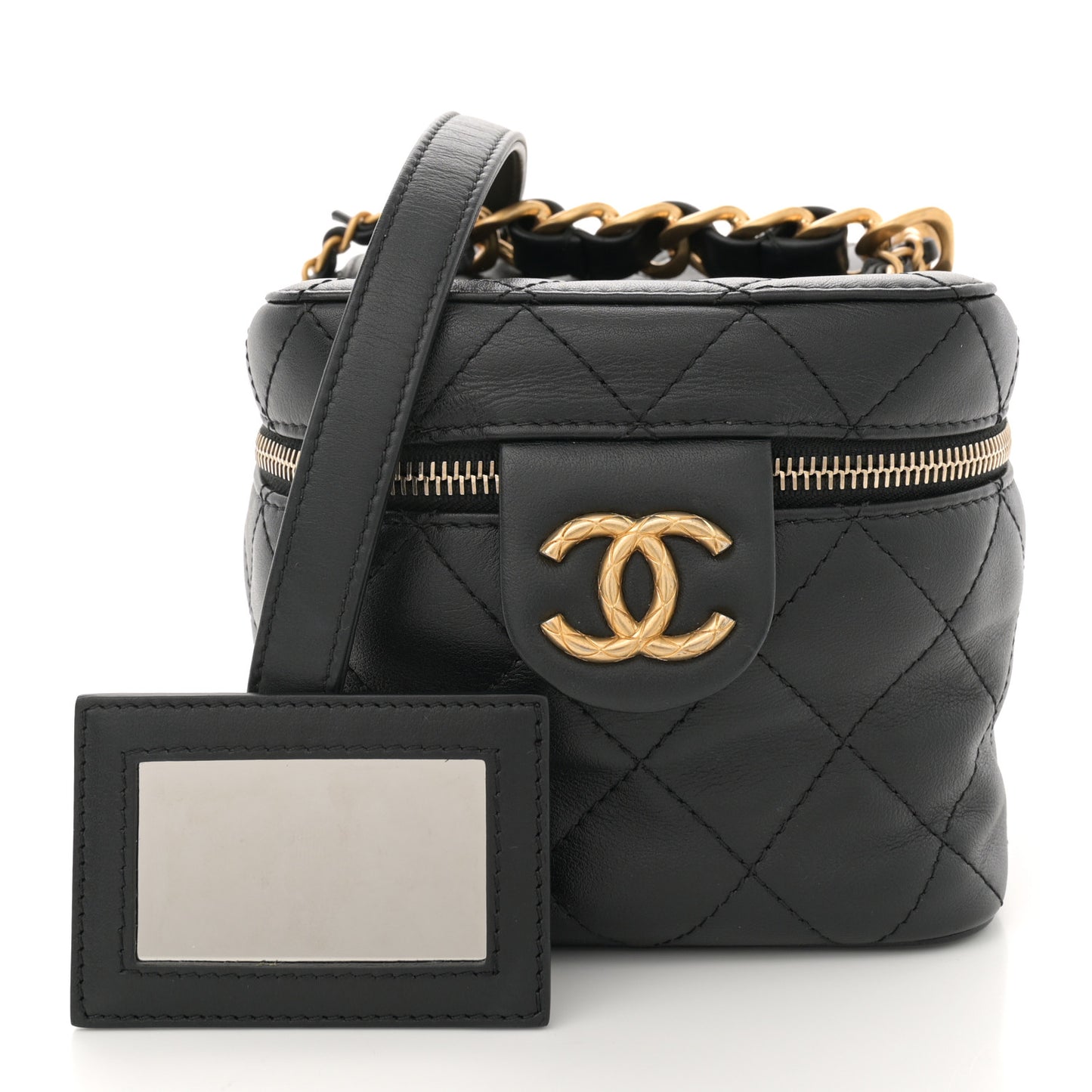 Calfskin Quilted Small Vanity Case With Chain Black