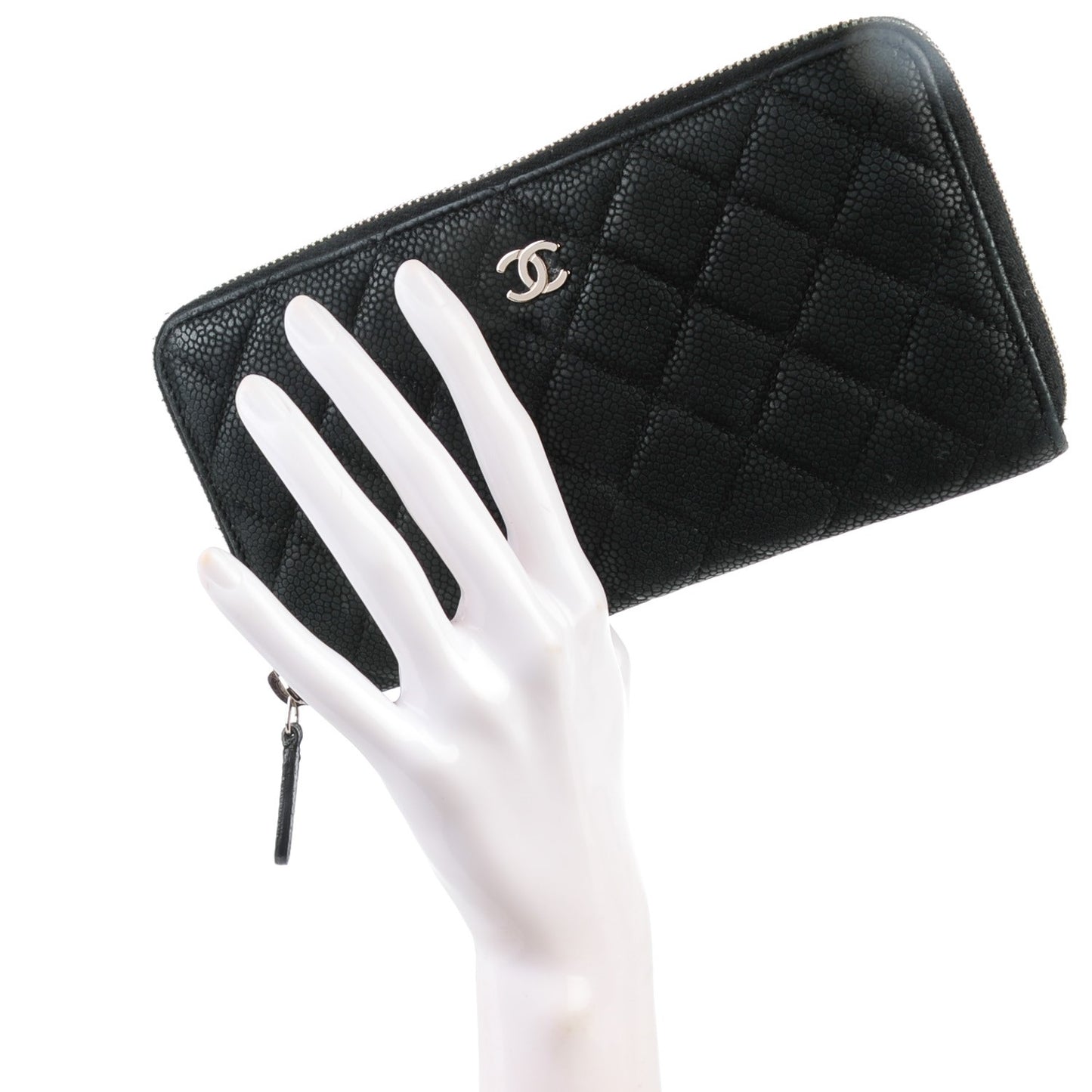 Iridescent Caviar Quilted Large Zip Around Wallet Black