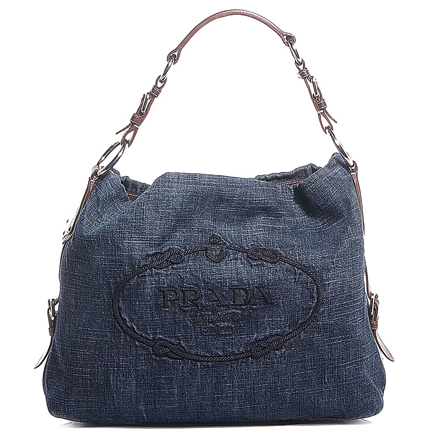Prada Washed Denim Logo Hobo Blue 1 of 8