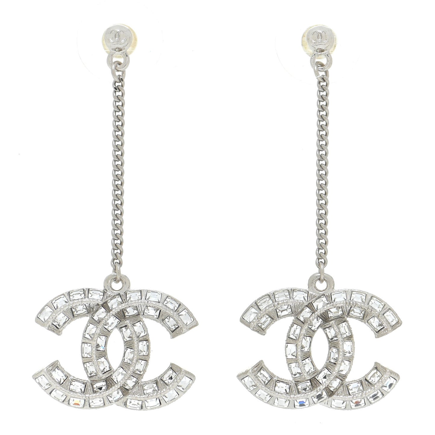 Baguette Crystal CC Drop Earrings Silver