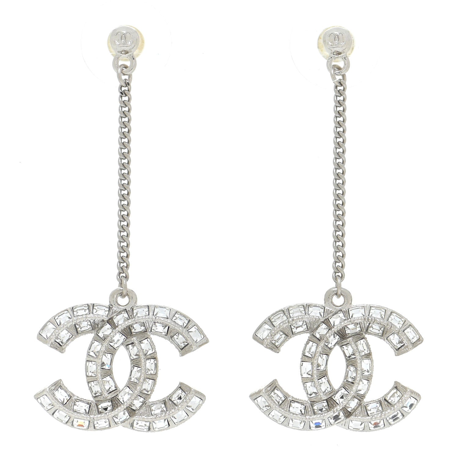 Chanel Baguette Crystal CC Drop Earrings Silver 1 of 5