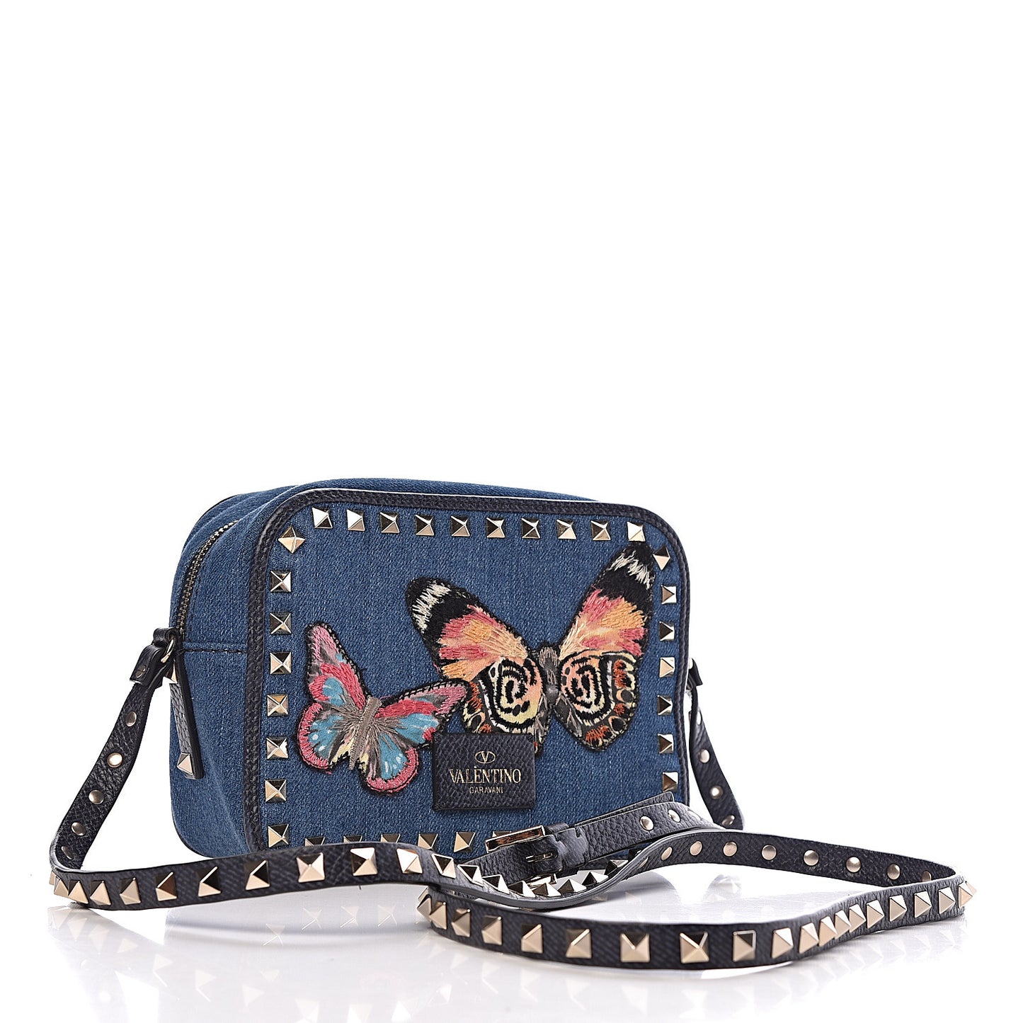 Denim Butterfly Embroidered Rockstud Camera Crossbody Bag Light Denim Multicolor