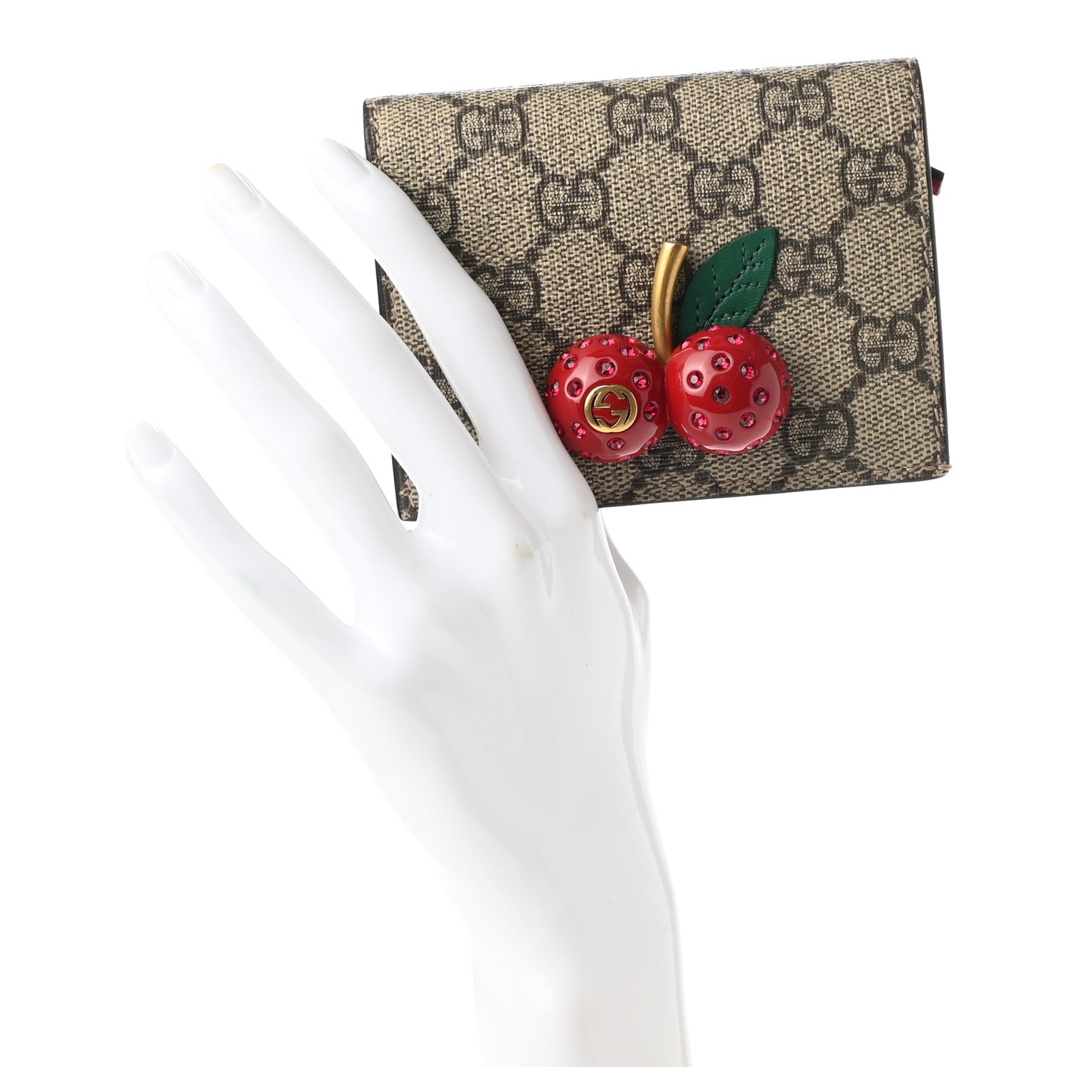 Gucci GG Supreme Monogram Cherry Embellished Card Case Wallet Hibiscus Red 2 of 7