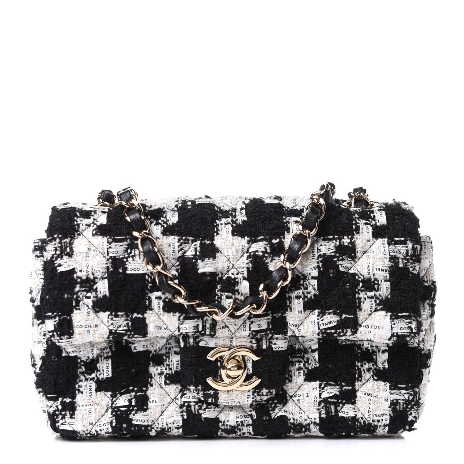 Chanel Tweed Quilted Mini Rectangular Flap Black Ecru White 1 of 12