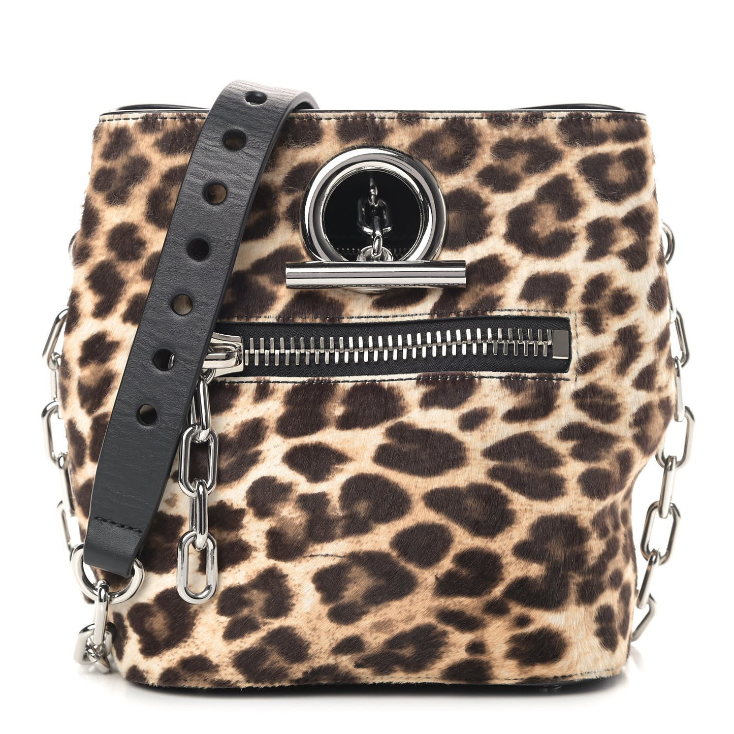 Calf Hair Leopard Print Riot Bucket Bag Black Silver Hardware
