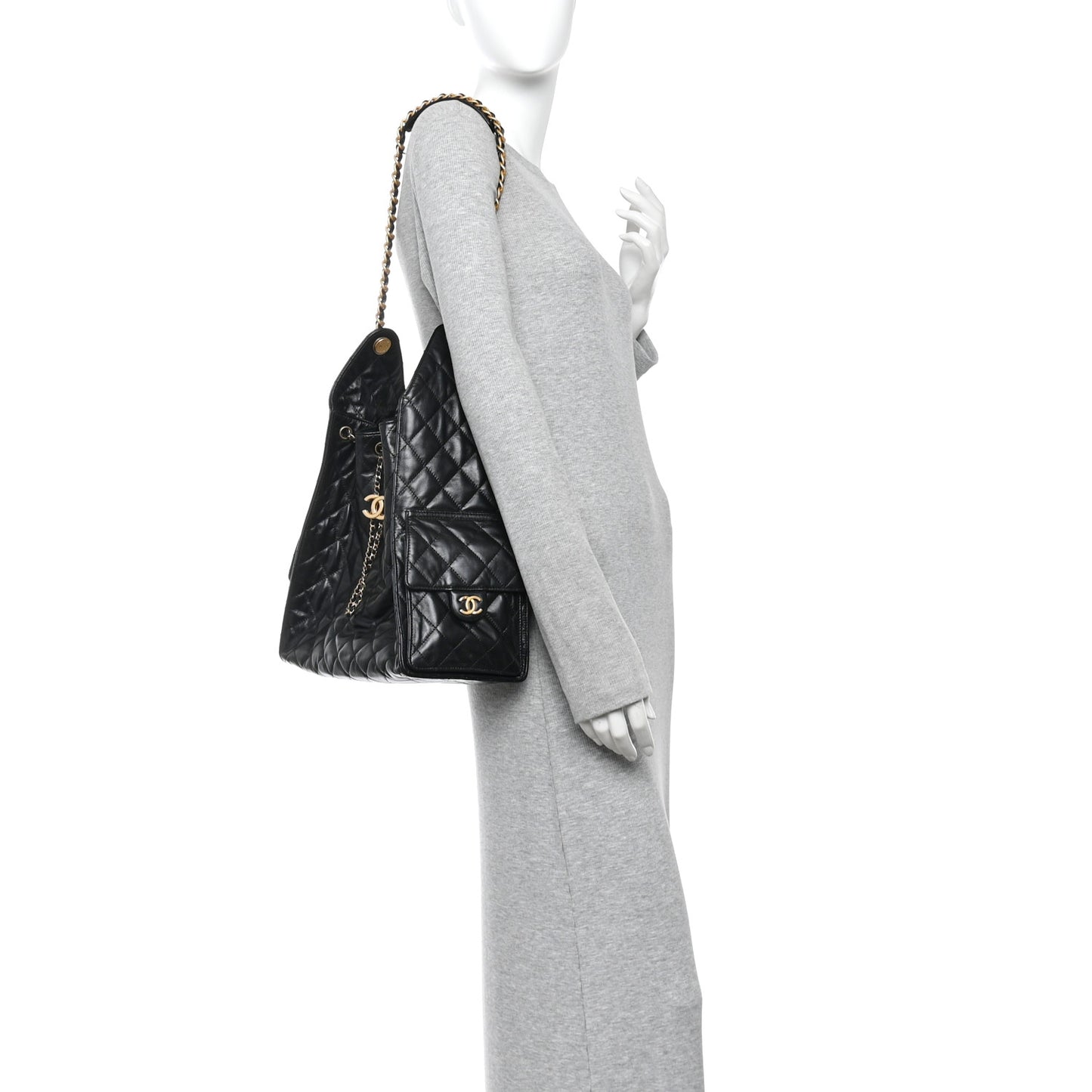 Shiny Crumpled Calfskin Quilted Medium Chanel 25 Handbag Black