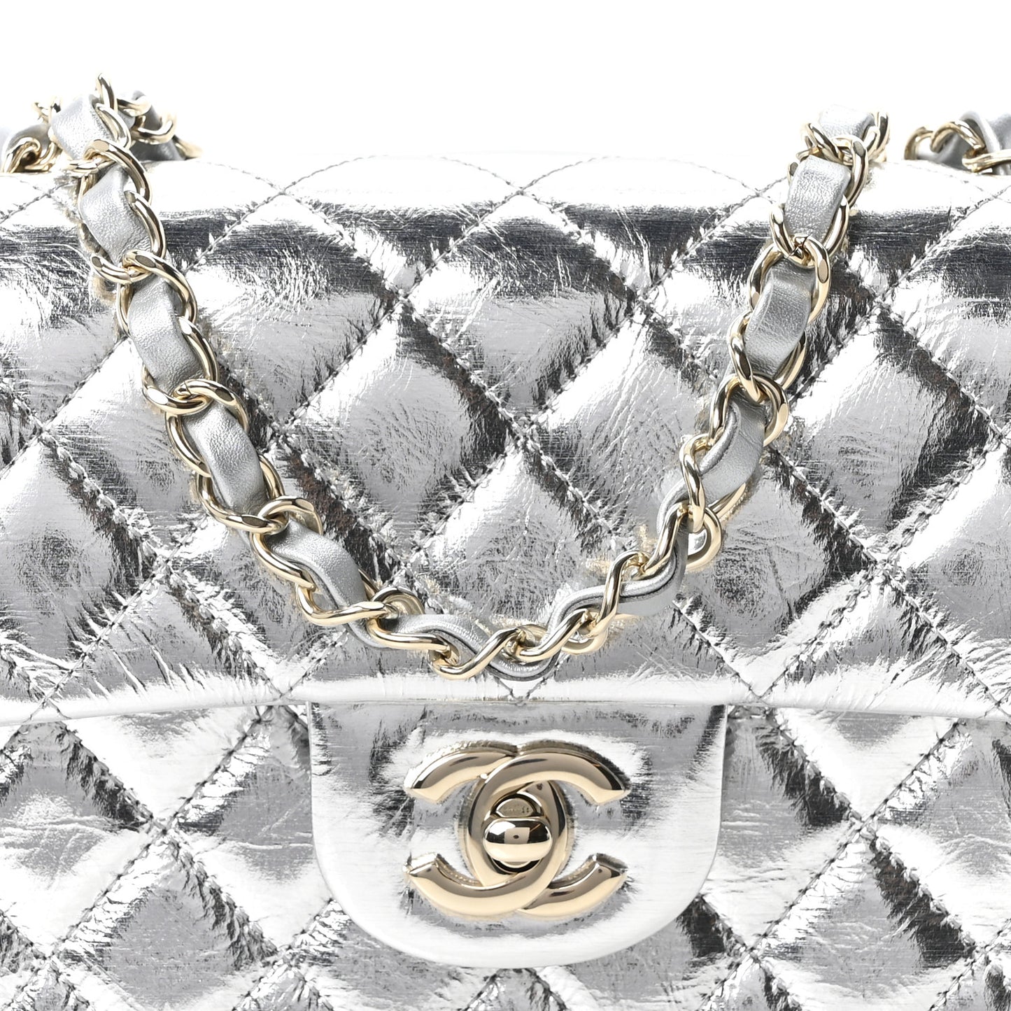 Hammered Metallic Calfskin Quilted Small Double Flap Silver