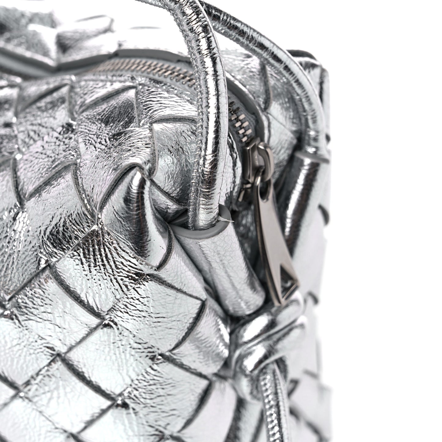 Metallic Calfskin Intrecciato Mini Loop Camera Bag Silver