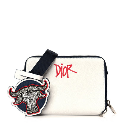 Christian Dior X SHAWN STUSSY Grained Calfskin Double Zip Crossbody Pouch White 1 of 11