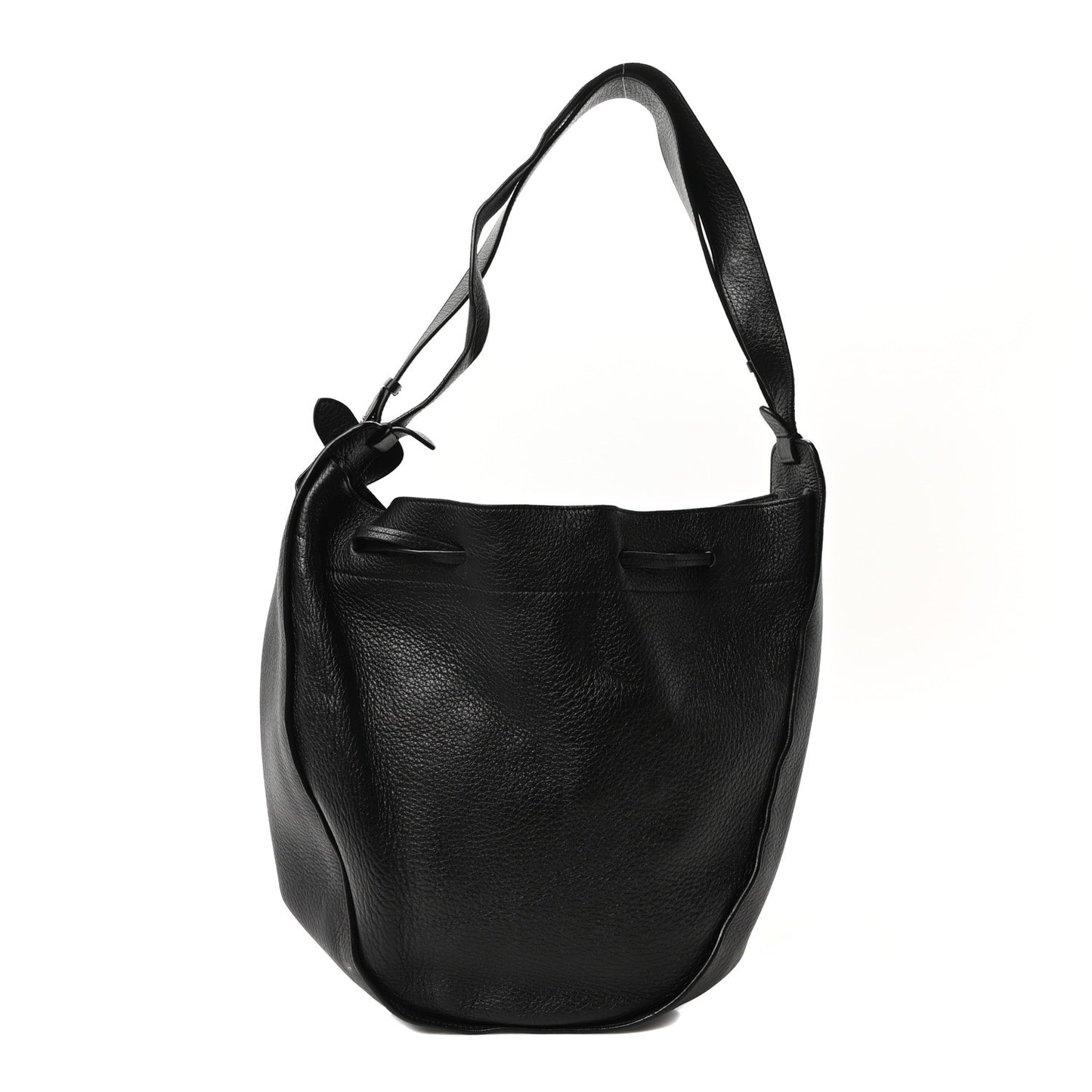 Grained Calfskin Drawstring Bucket Bag Black