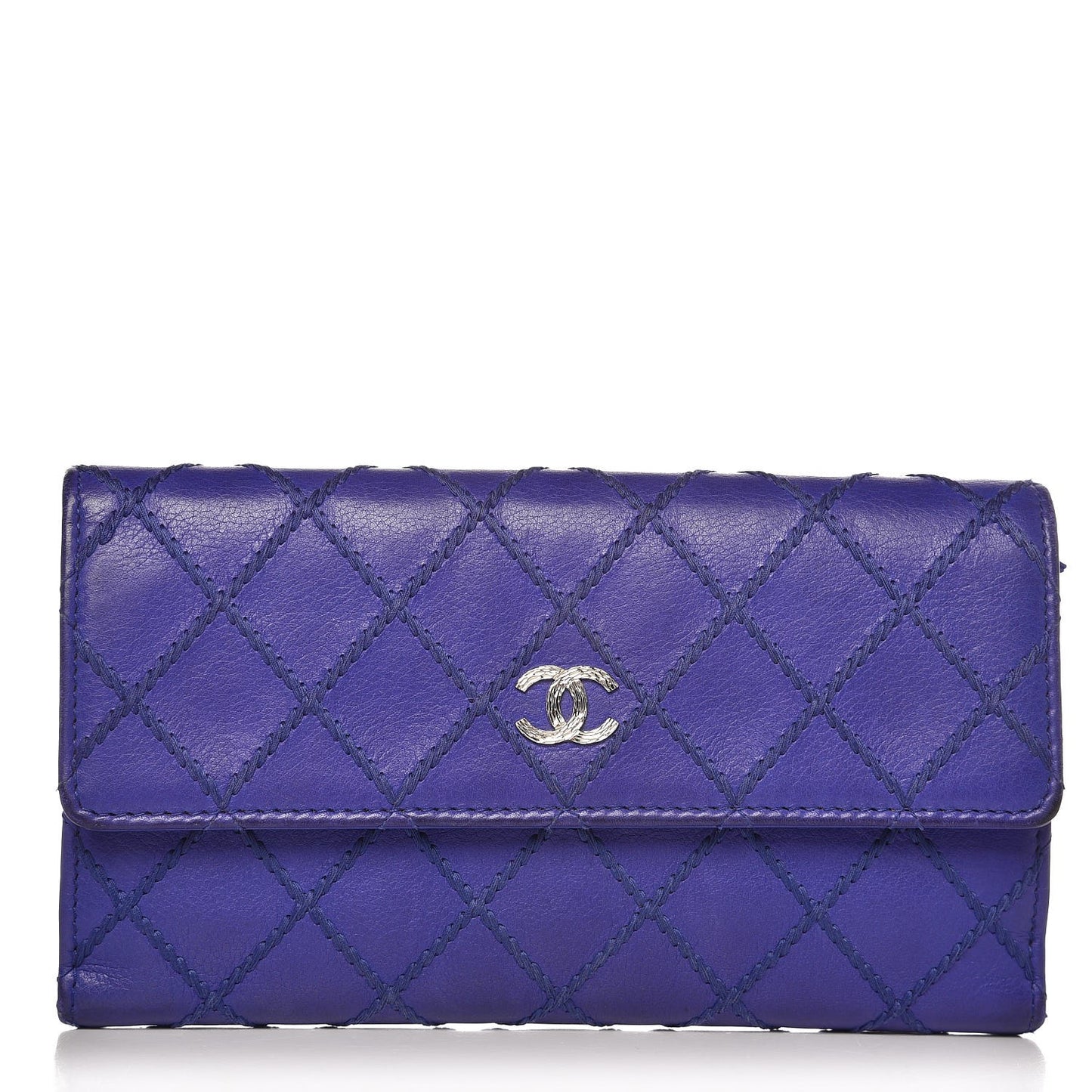 Calfskin Stitched Fancy CC Long Double Wallet Blue