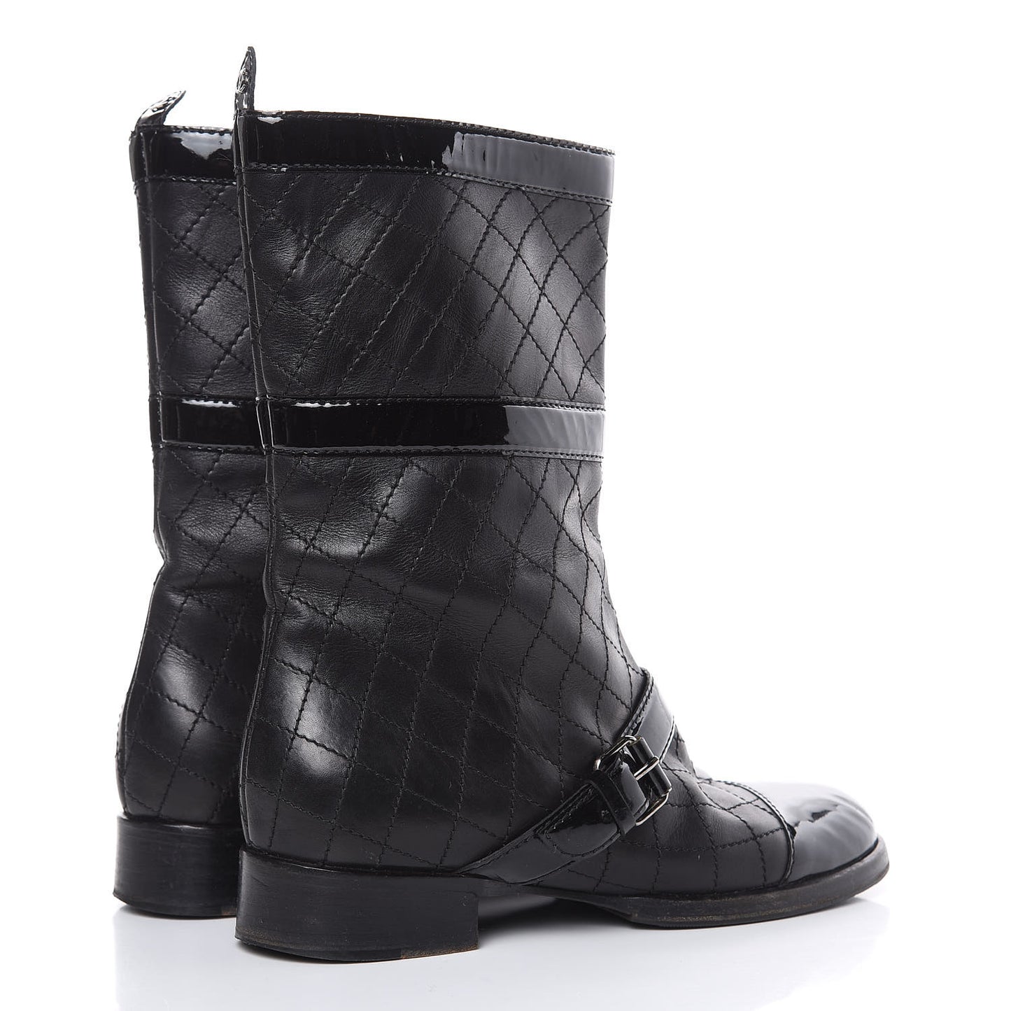 Calfskin Patent Quilted Cap Toe Boots 39 Black