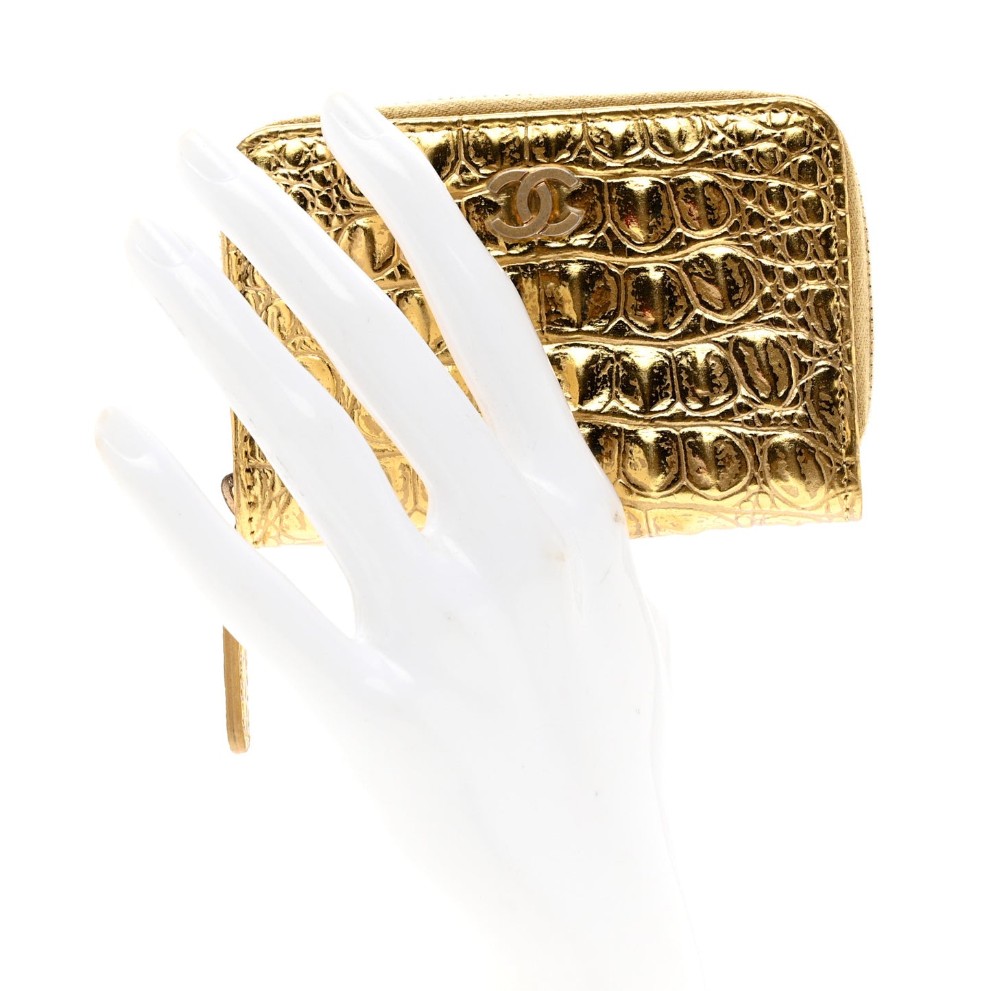 Metallic Calfskin Crocodile Embossed Cocodile Zip Coin Case Gold