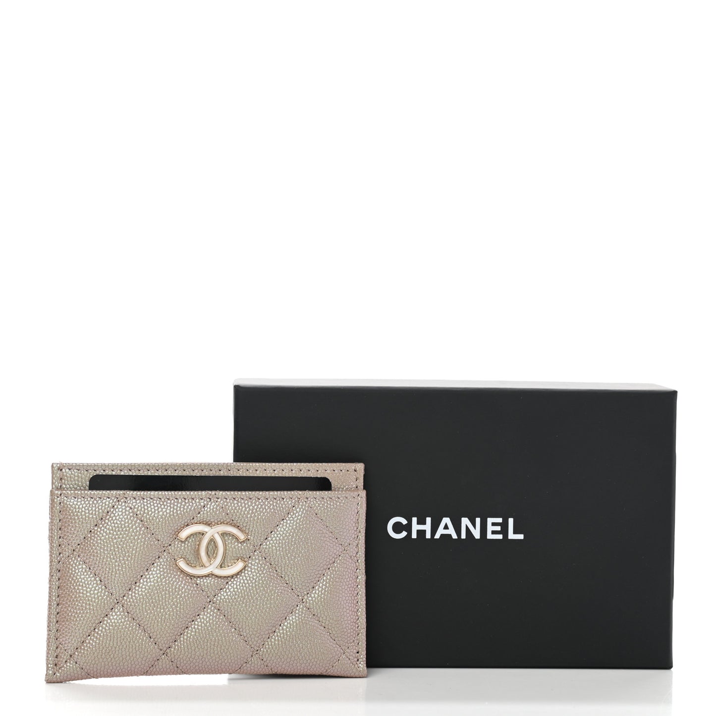 Iridescent Caviar Quilted Card Holder Beige