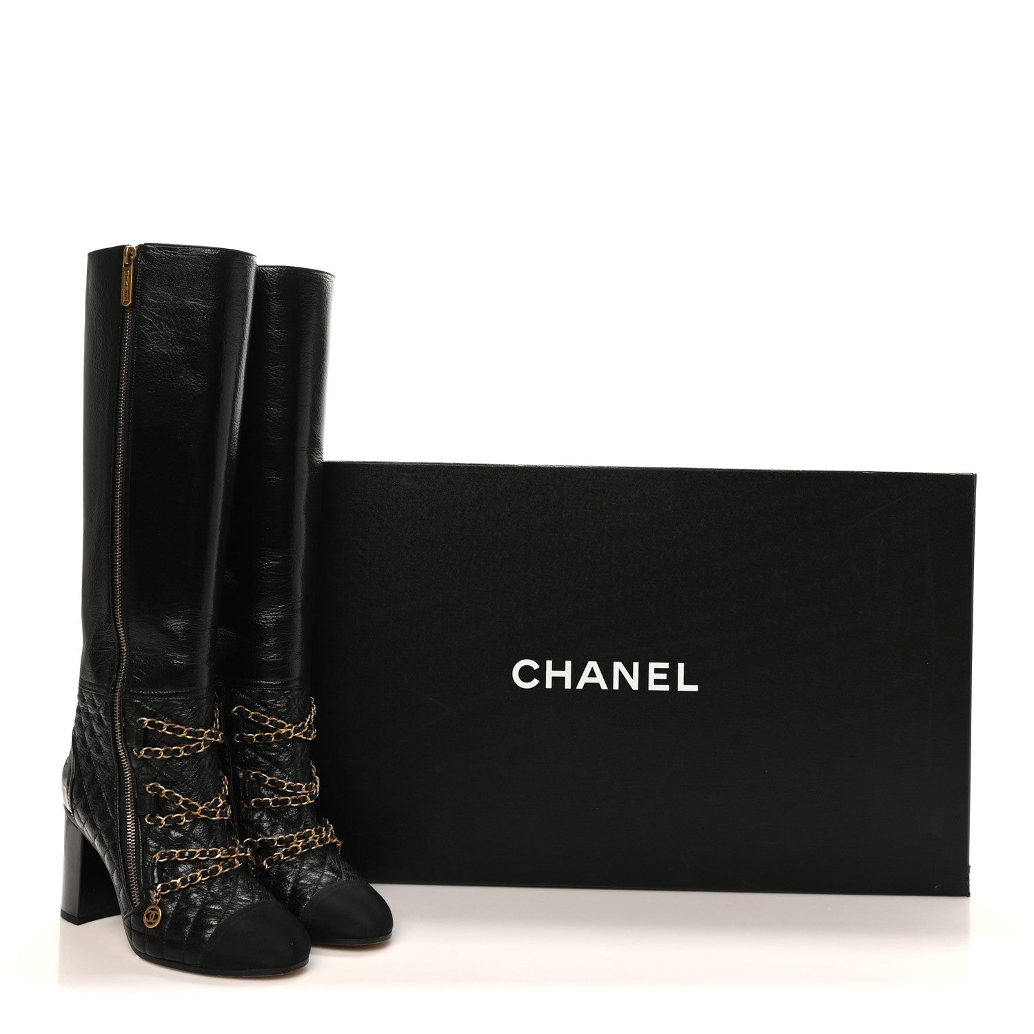 Chanel Lambskin Grosgrain Patent Chained High Boots 38 Black 10 of 10
