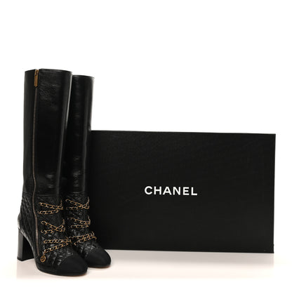 Chanel Lambskin Grosgrain Patent Chained High Boots 38 Black 10 of 10