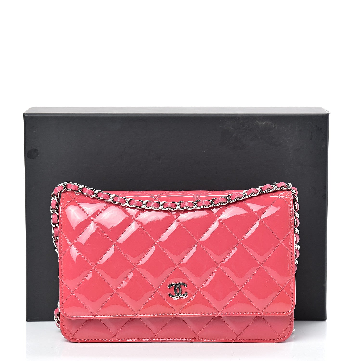 Chanel Patent Quilted Wallet On Chain WOC Fuchsia 14 of 14