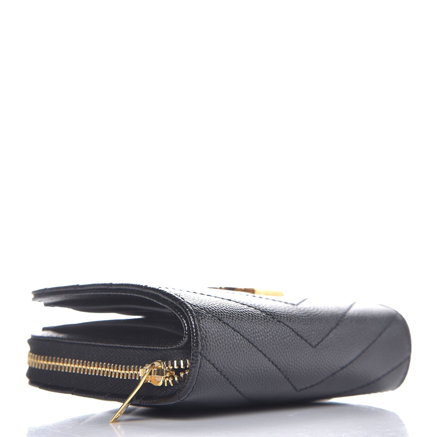 Saint Laurent Grain De Poudre Matelasse Chevron Monogram Compact Zip Around Wallet Black 4 of 6