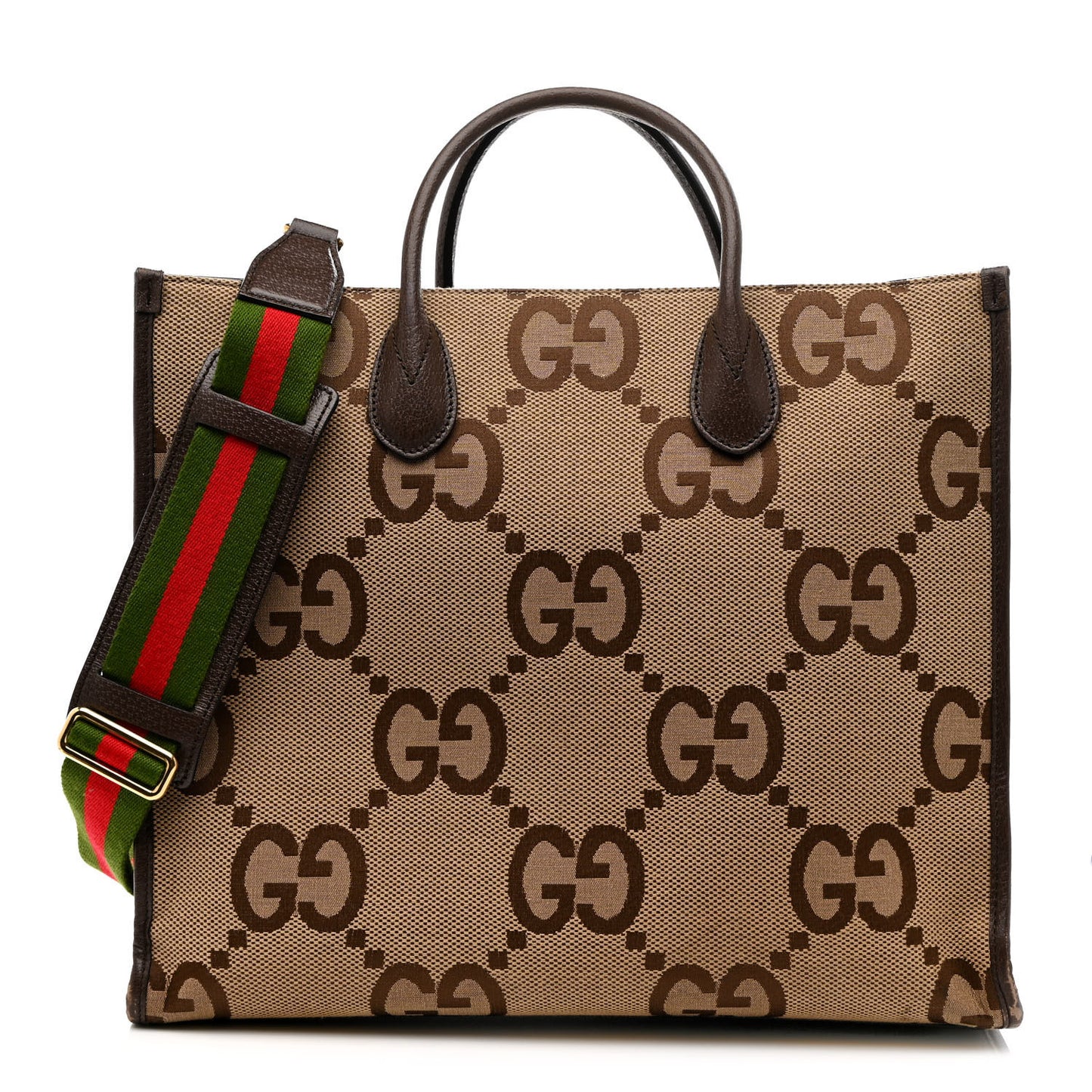 Monogram Jumbo GG Textured Dollar Calfskin Web Tote Bag Camel Ebony New Acero