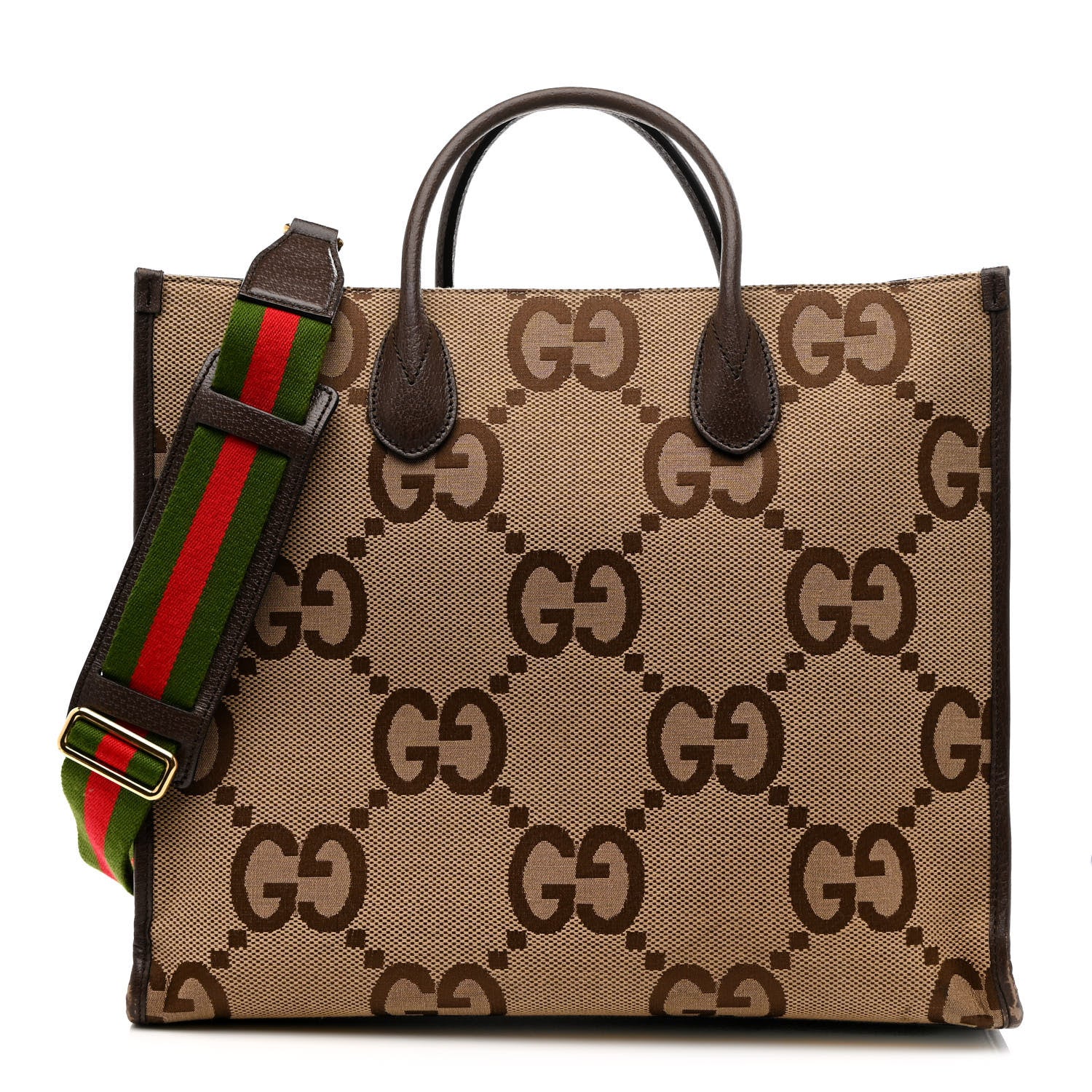 Gucci Monogram Jumbo GG Textured Dollar Calfskin Web Tote Bag Camel Ebony New Acero 1 of 15