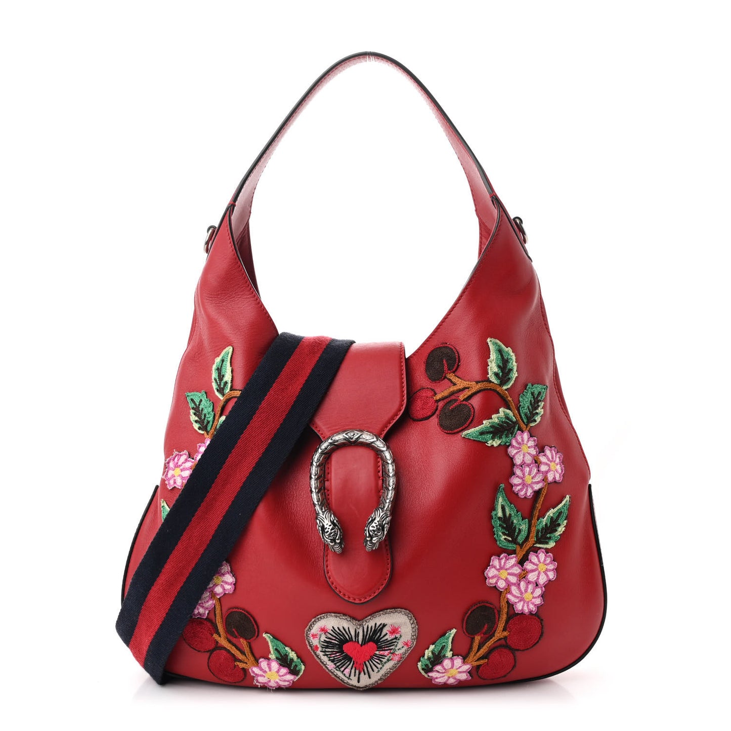 Calfskin Web Embroidered Medium Dionysus Hobo Hibiscus Red