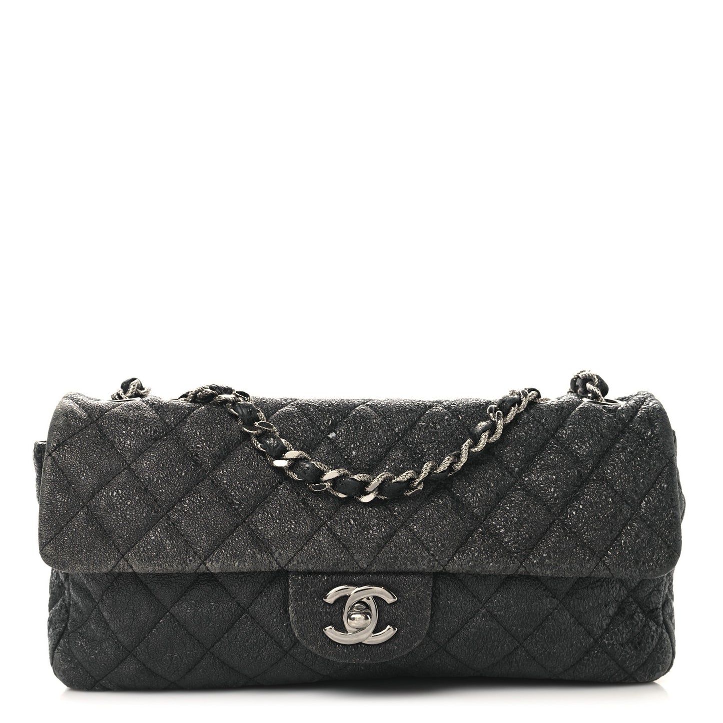 Metallic Crackled Calfskin Quilted East West Flap Navy
