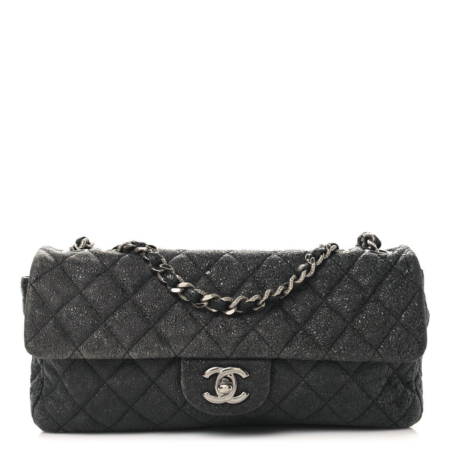 Chanel Metallic Crackled Calfskin Quilted East West Flap Navy 1 of 15