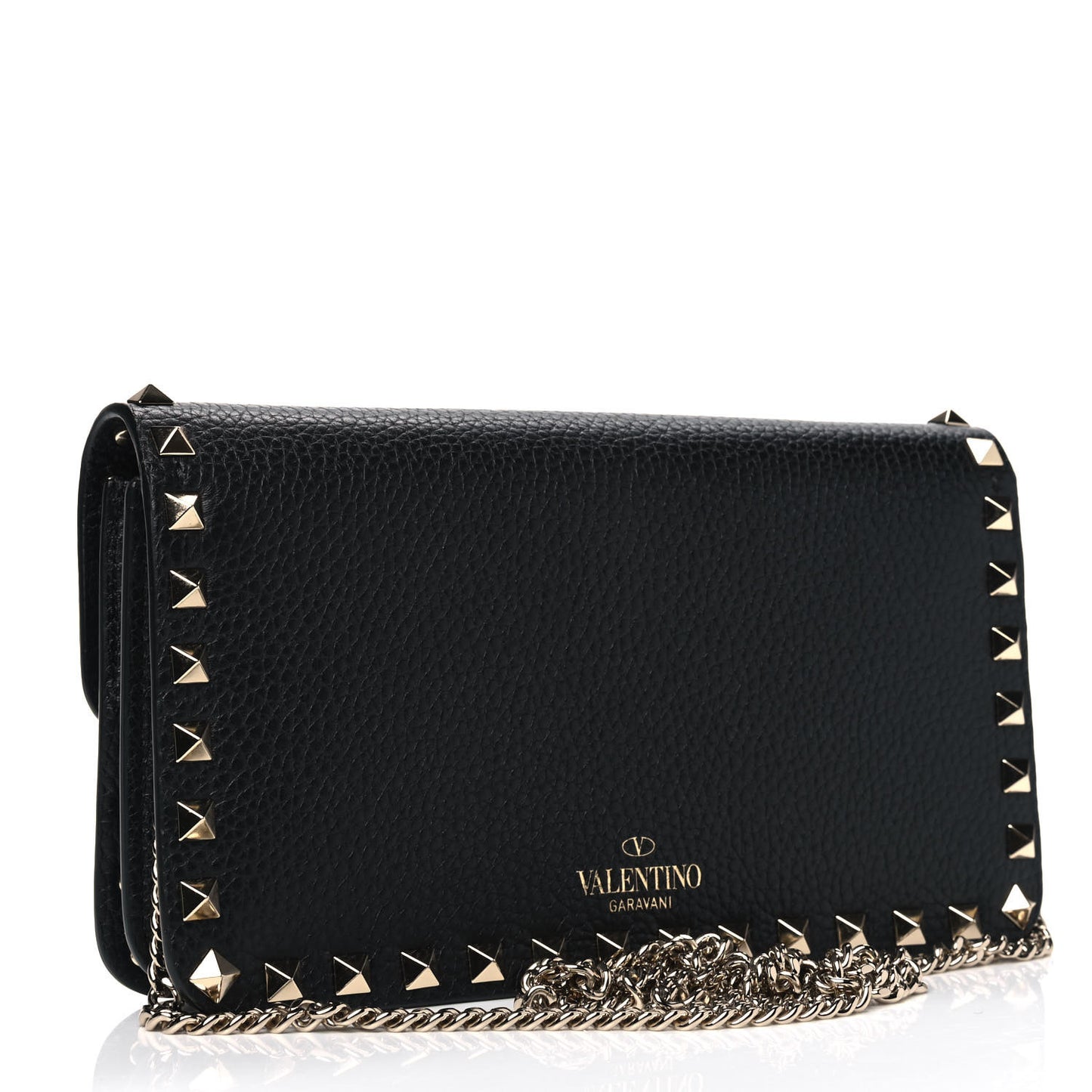 Pebbled Calfskin Rockstud Flap Wallet On Chain Black