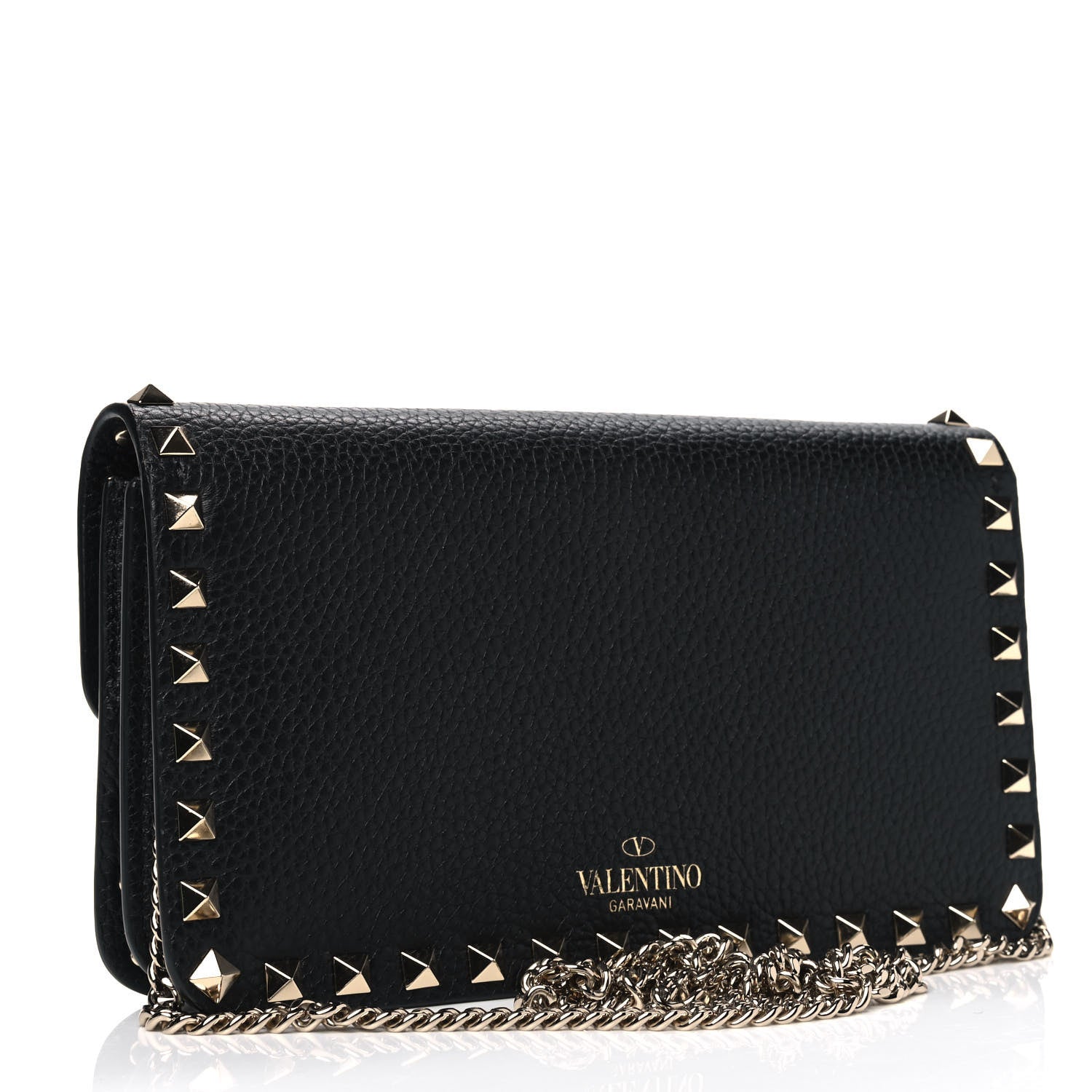 Valentino Garavani Pebbled Calfskin Rockstud Flap Wallet On Chain Black 2 of 4