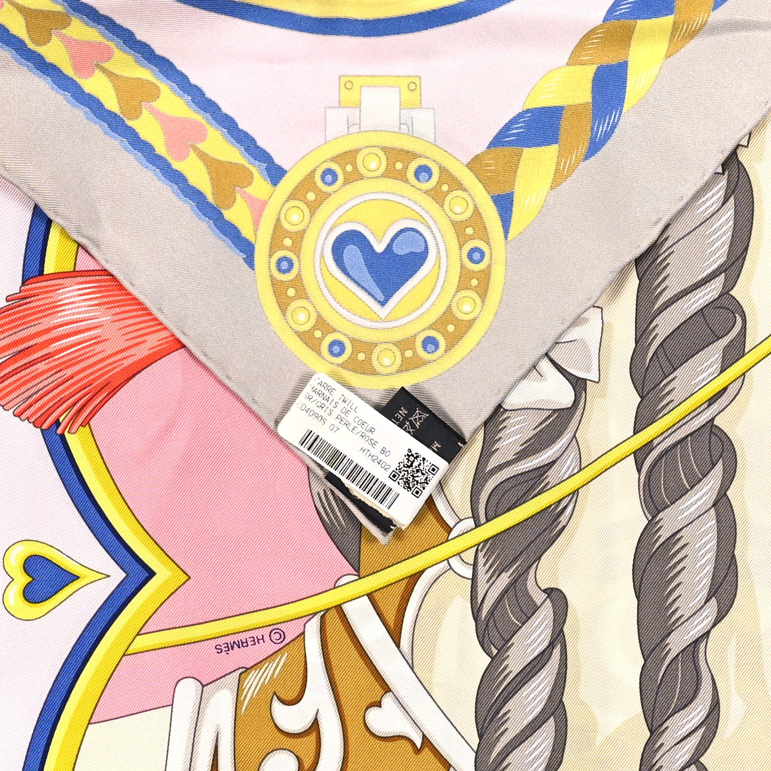 Hermes Silk Harnais De Cour Scarf 90 Gris Perle Rose Bonbon Bleu 3 of 3