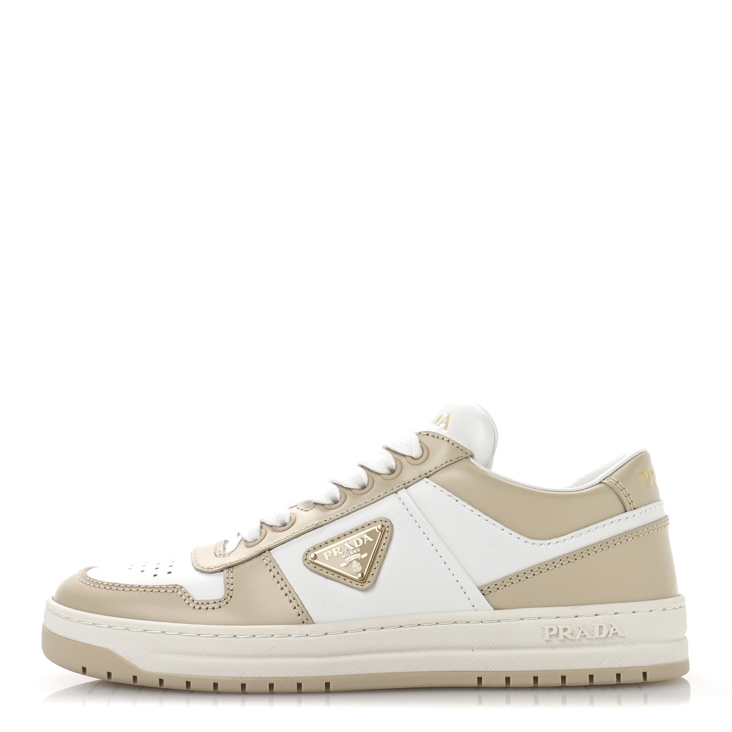 Prada Vitello Sport Spazzolato Rois Triangle Logo Womens Downtown Low Top 30mm Sneakers 36 White Beige 1 of 7