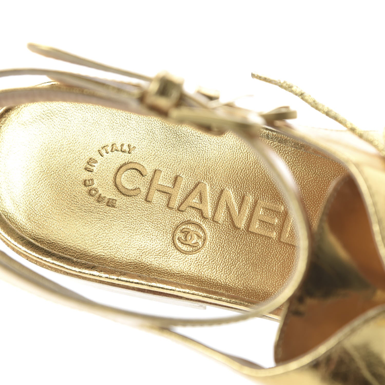 Chanel Metallic Calfskin CC Brogue Lace Up Ankle Strap Oxford Peep Toe Sandals 40 Gold 7 of 8