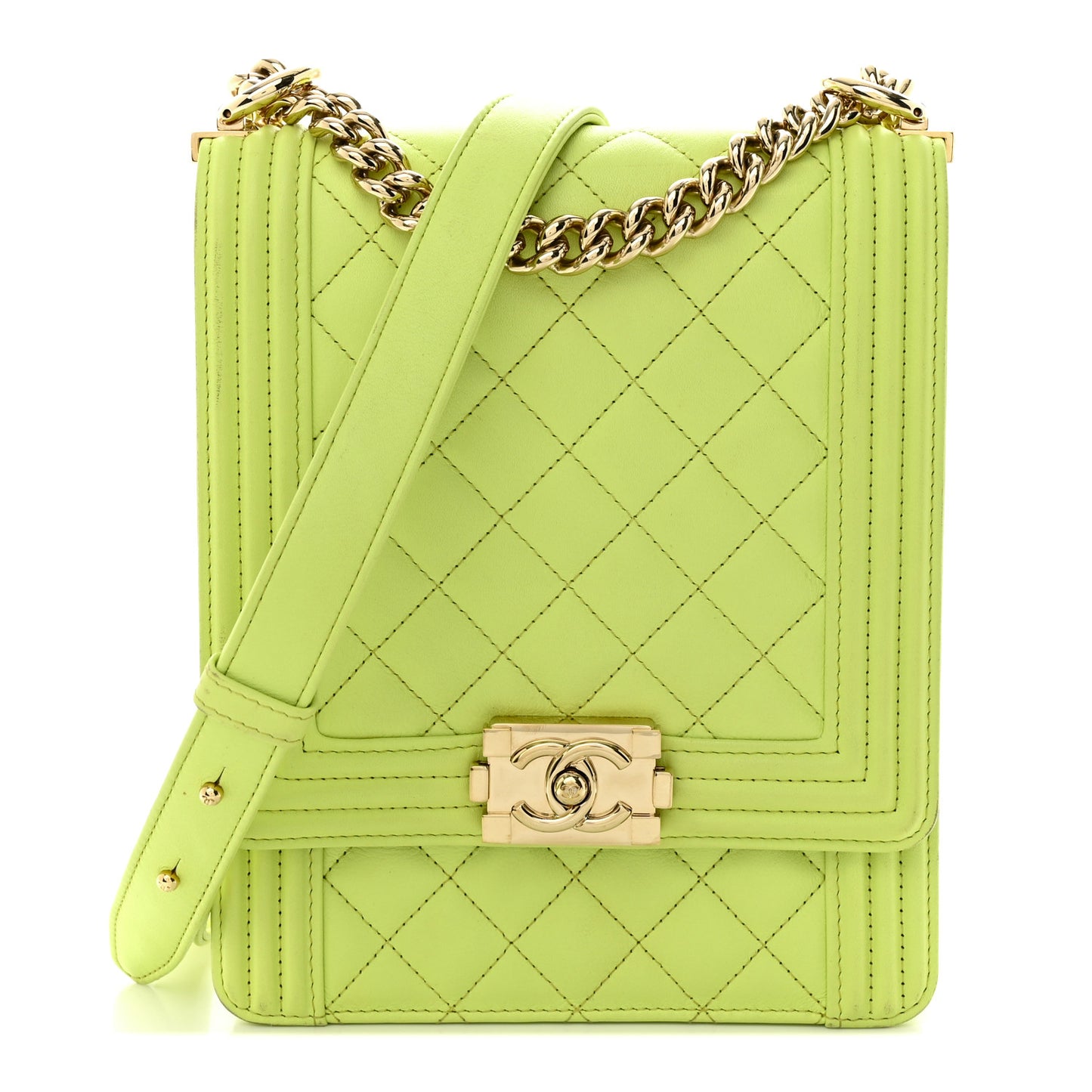 Calfskin Quilted North South Boy Flap Light Green