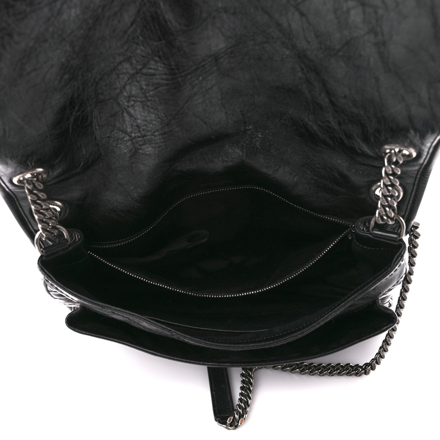 Crinkled Calfskin Matelasse Monogram Medium Niki Chain Satchel Black