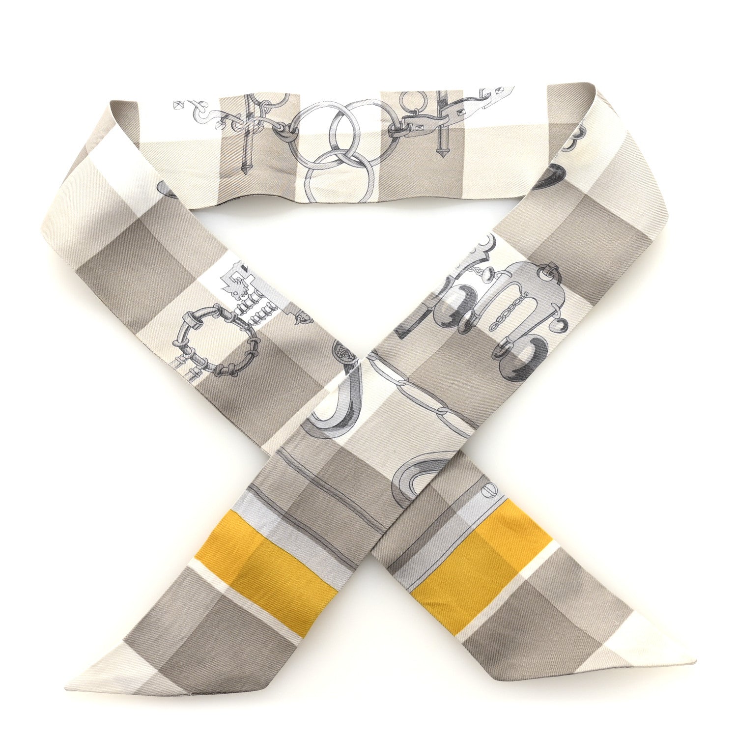 Hermes Silk Mors Et Gourmettes Vichy Twilly Etoupe Jaune Vif White