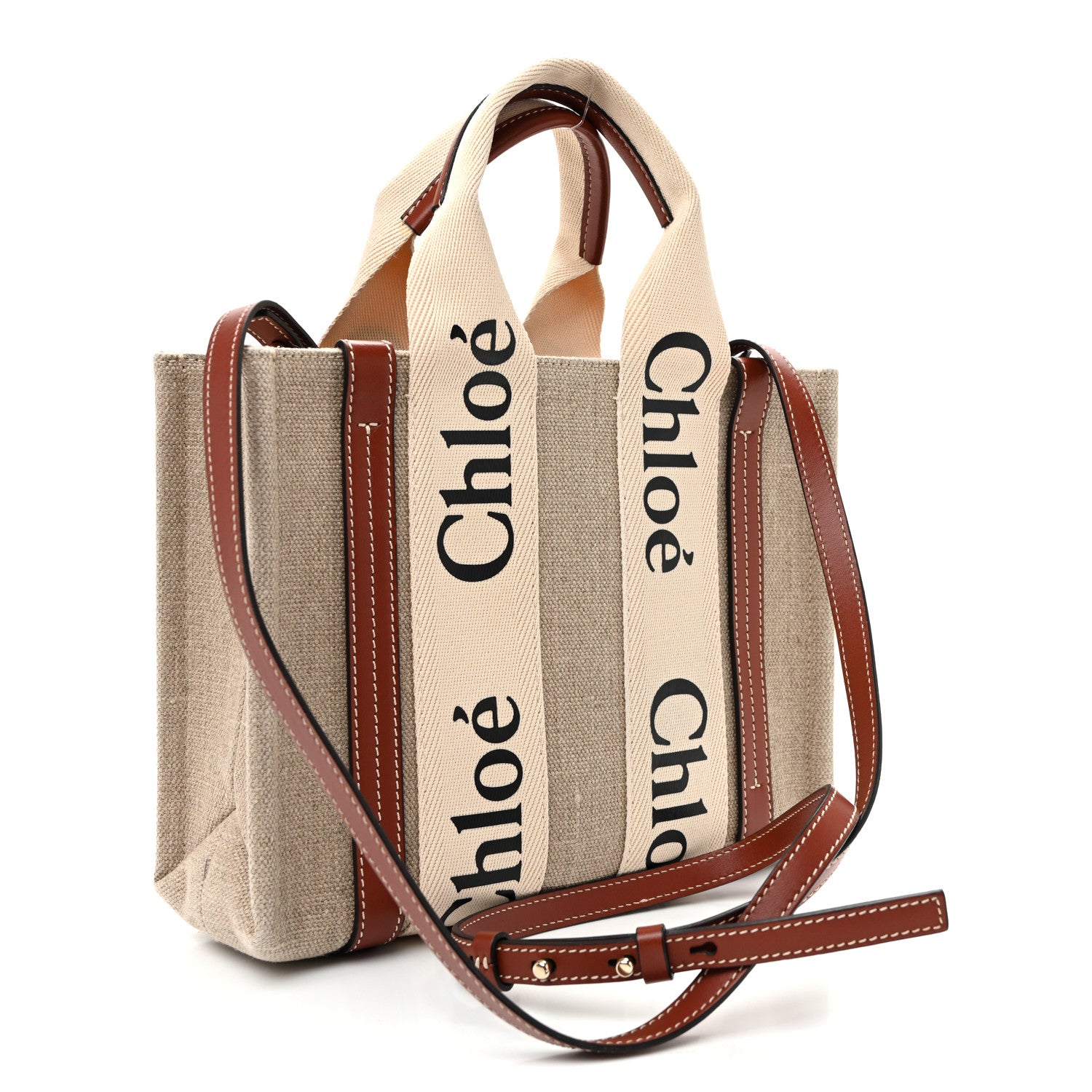 Chloe Cotton Calfskin Small Woody Ribbon Tote With Strap White Brown 3 of 11