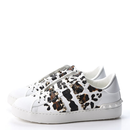 Valentino Garavani Calfskin Leopard Print Rockstud Untitled Open Sneakers 38 White 3 of 10